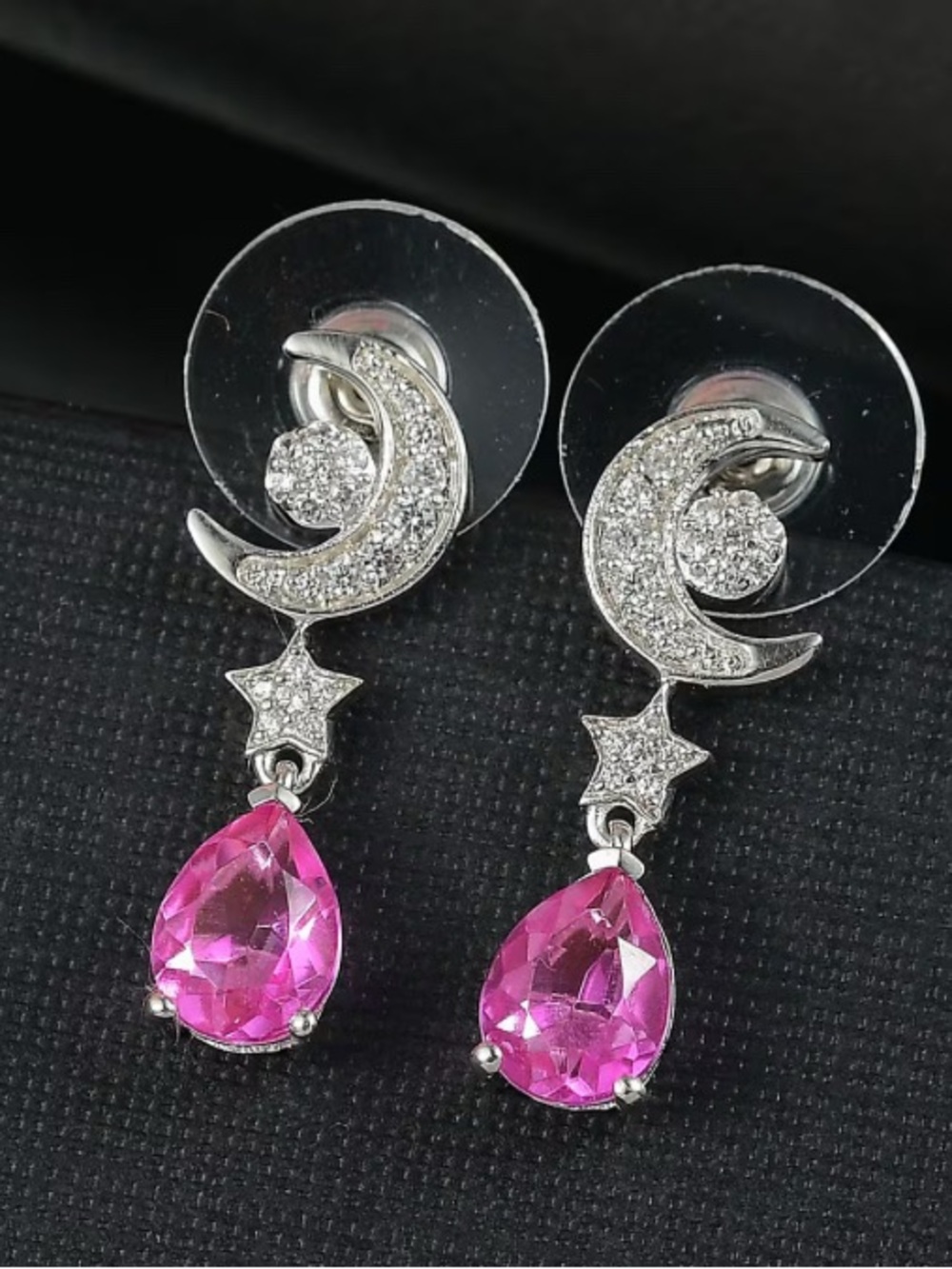 Silver Moon & Star Drop Earrings with Pink Teardrop Stones